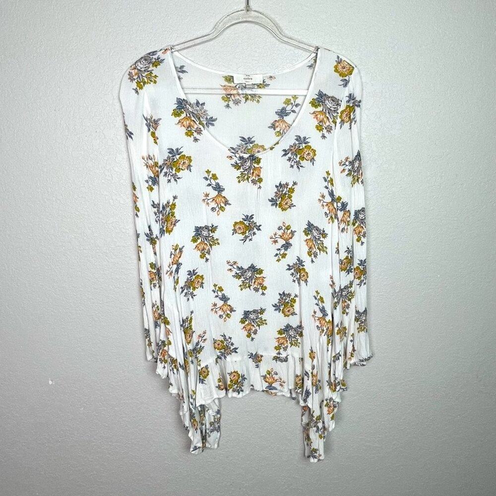 ENTRO Yellow & Blue Floral Scoopneck Blouse Size L